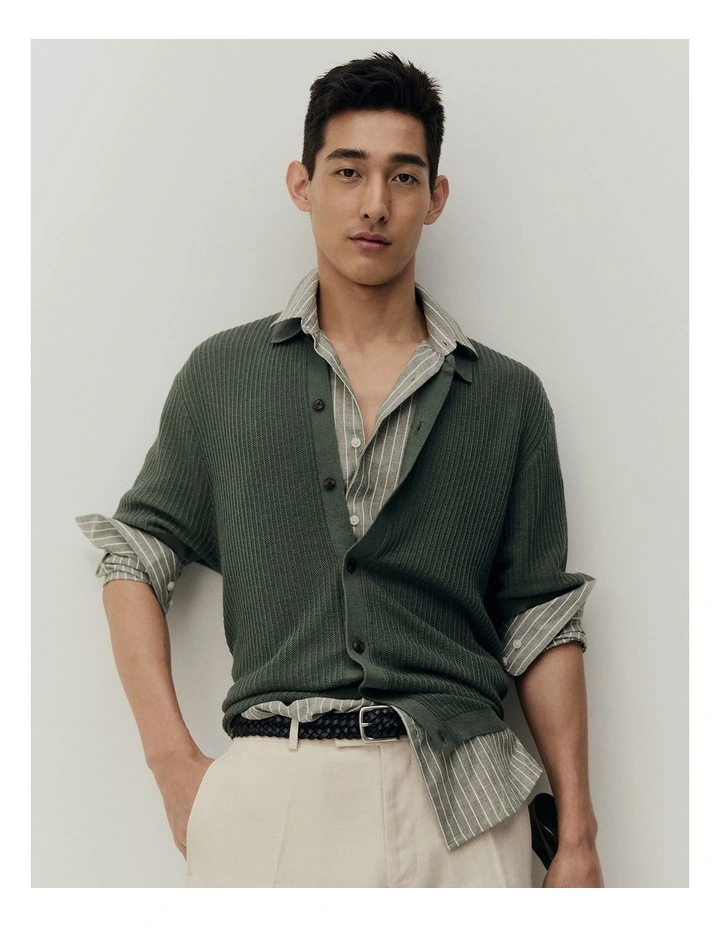 Short Sleeve Cotton Linen Knit Shirt in Thyme image 2