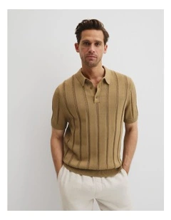 Australian Cotton Stripe Knit Polo in Taupe