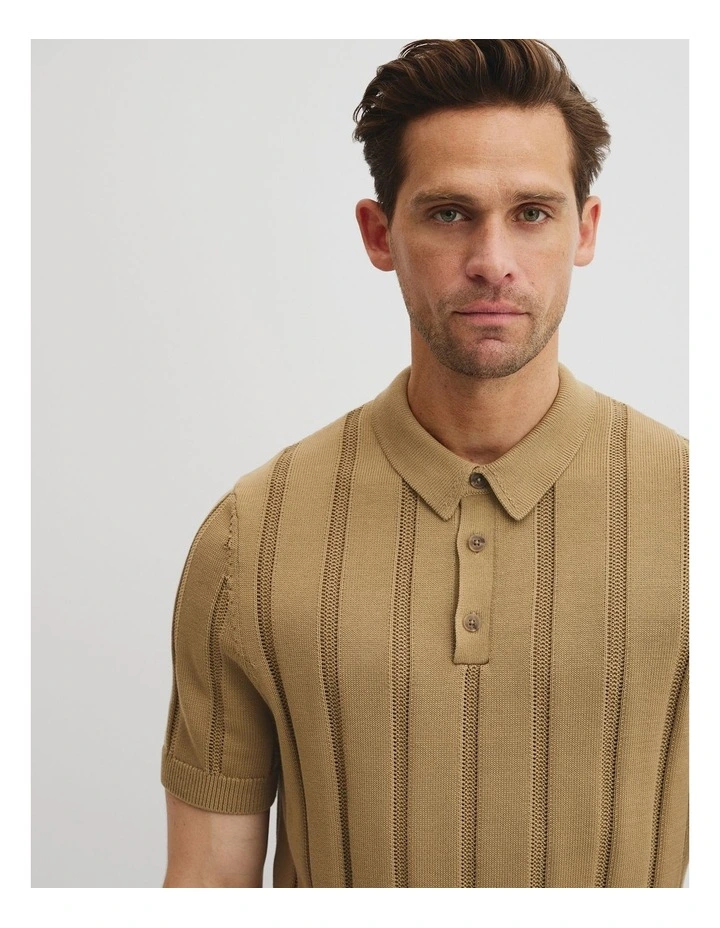 Australian Cotton Stripe Knit Polo in Taupe image 2