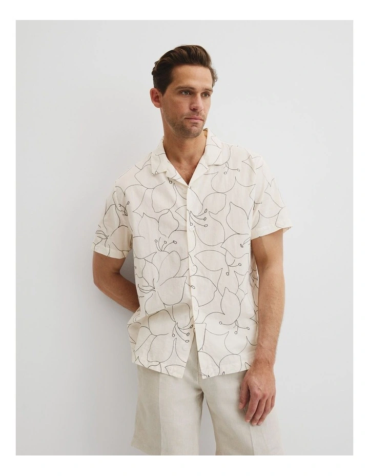 Cuban Floral Embroidered Short Sleeve Shirt in White image 1