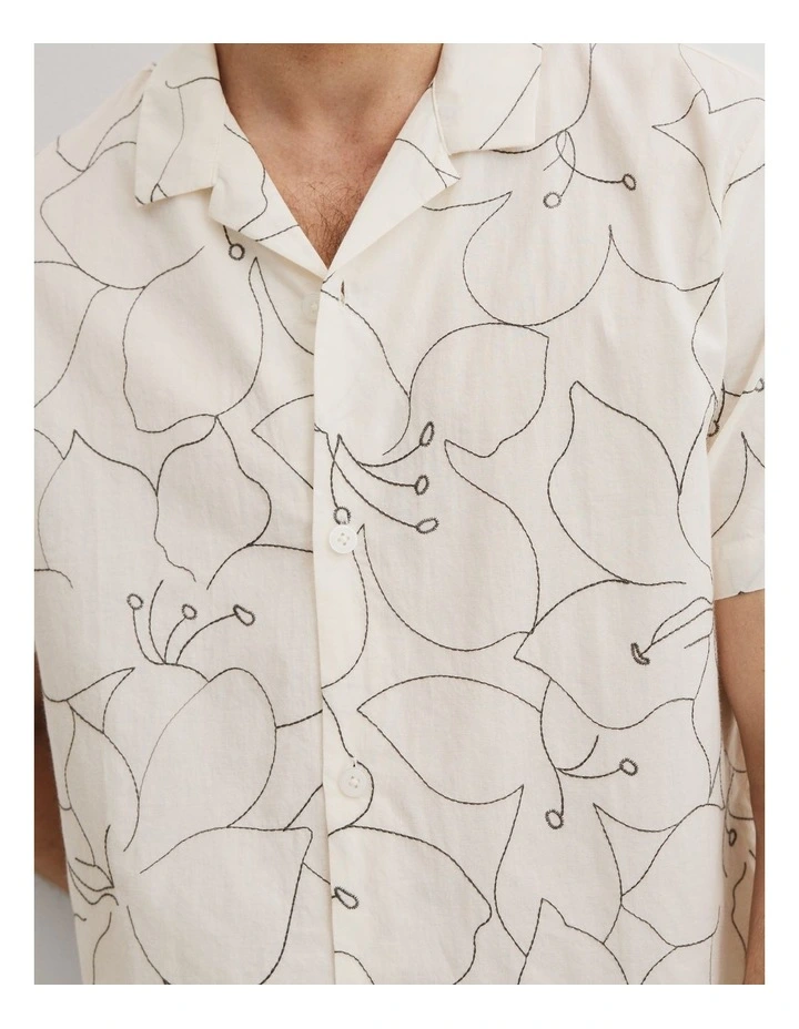 Cuban Floral Embroidered Short Sleeve Shirt in White image 3