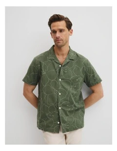 Cuban Floral Embroidered Short Sleeve Shirt in Thyme