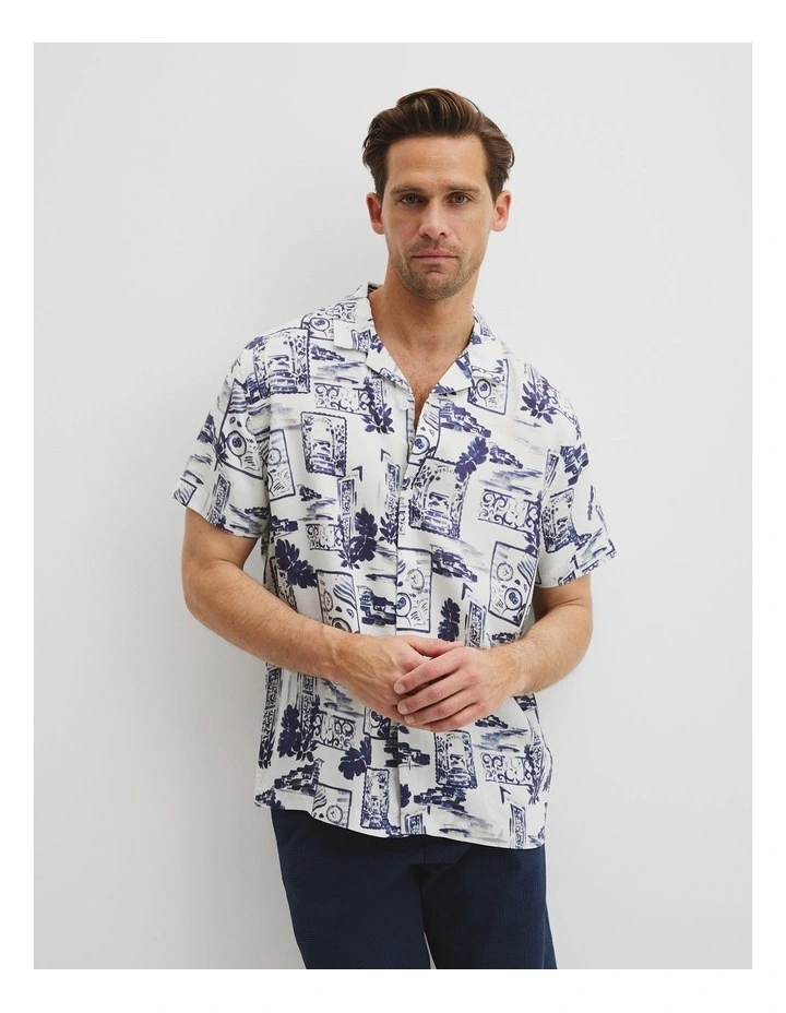 Tencel Mosaic Print Short Sleeve Shirt in White image 1