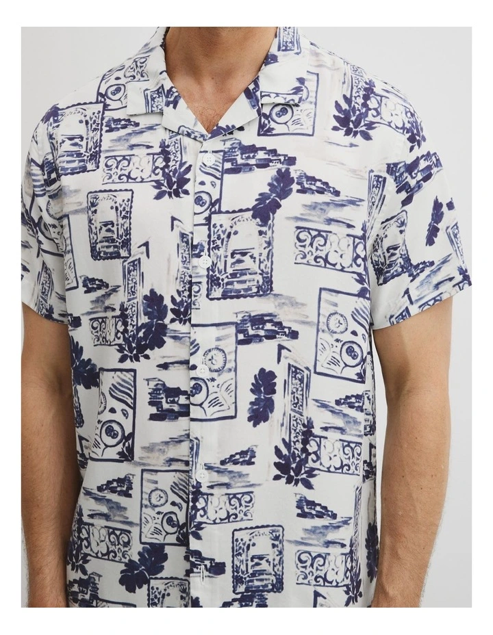 Tencel Mosaic Print Short Sleeve Shirt in White image 2