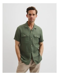 Double Pocket Textured Linen Short Sleeve Shirt in Thyme