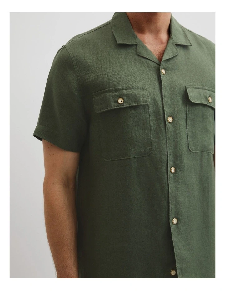 Double Pocket Textured Linen Short Sleeve Shirt in Thyme image 2