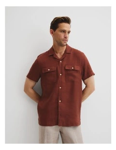 Double Pocket Textured Linen Short Sleeve Shirt in Dark Spice