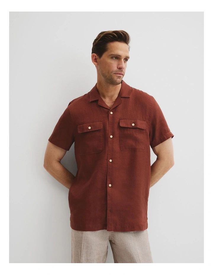 Double Pocket Textured Linen Short Sleeve Shirt in Dark Spice image 1