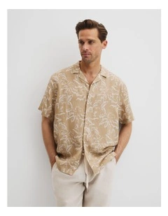 Tencel Linen Palm Print Short Sleeve Shirt in Taupe