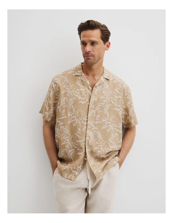 Tencel Linen Palm Print Short Sleeve Shirt in Taupe image 1
