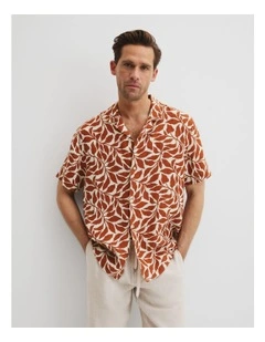 Linen Leaf Print Short Sleeve Shirt in Spice