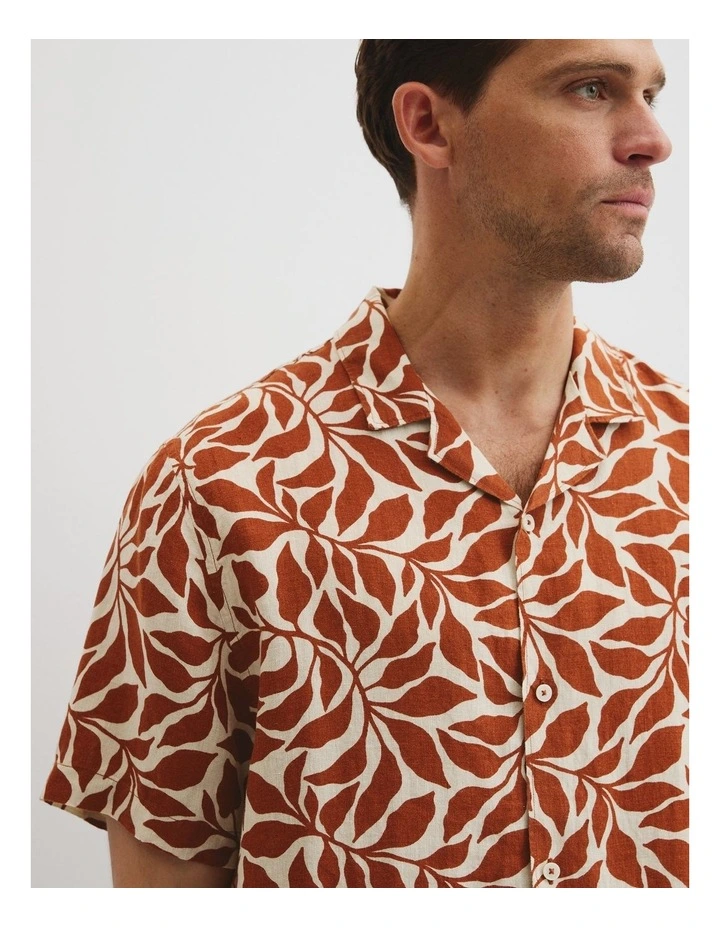 Linen Leaf Print Short Sleeve Shirt in Spice image 3
