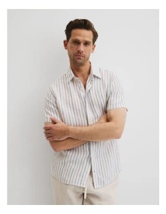 Organically Grown Linen Short Sleeve Stripe Shirt in Multi Stripe