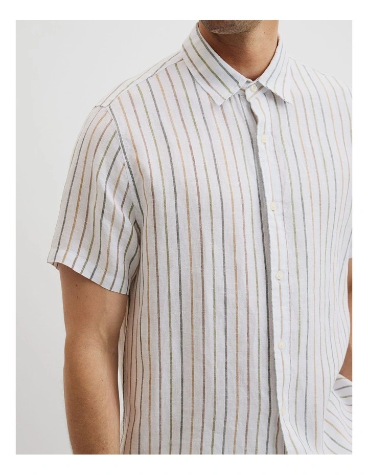 Organically Grown Linen Short Sleeve Stripe Shirt in Multi Stripe image 3