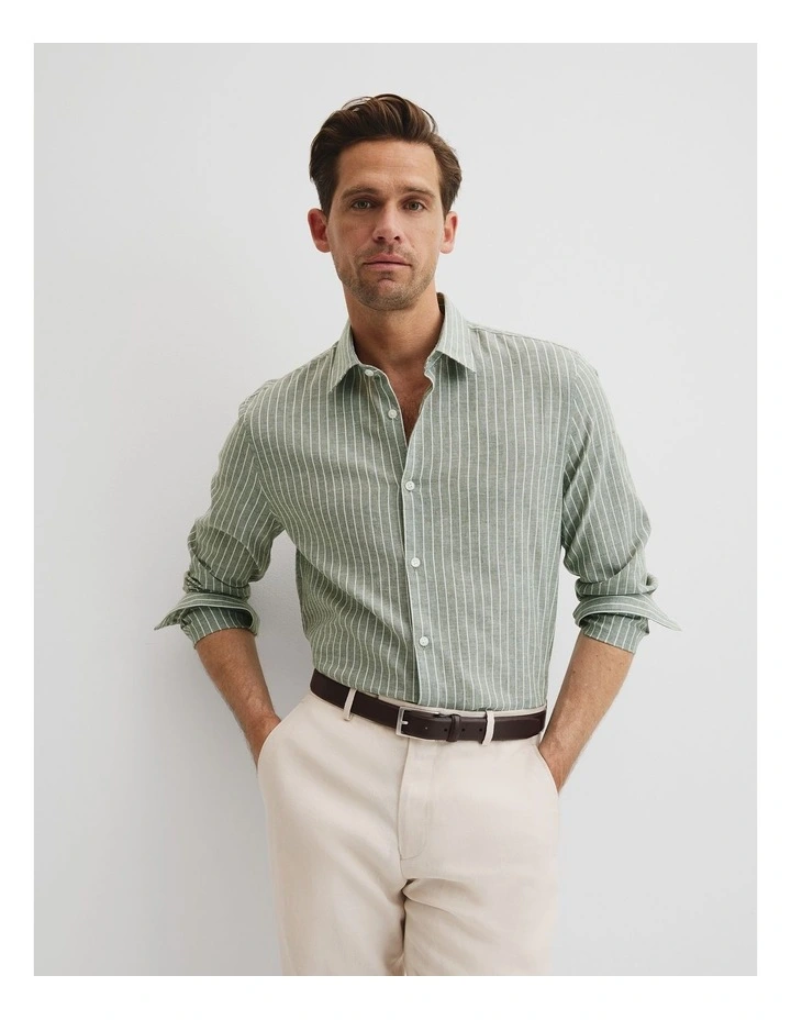 Regular Fit Cotton Linen Stripe Shirt in Evergreen image 1