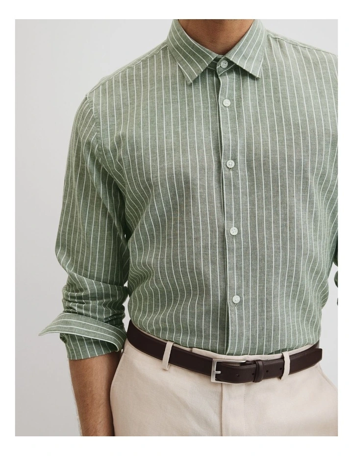 Regular Fit Cotton Linen Stripe Shirt in Evergreen image 2