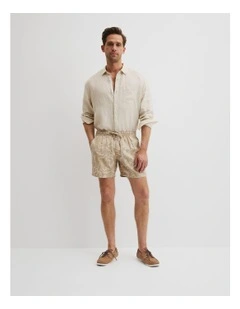 Organically Grown Linen Print 6" Drawcord Short in Taupe