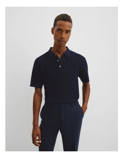 Australian Cotton Herringbone Knit Polo in Navy