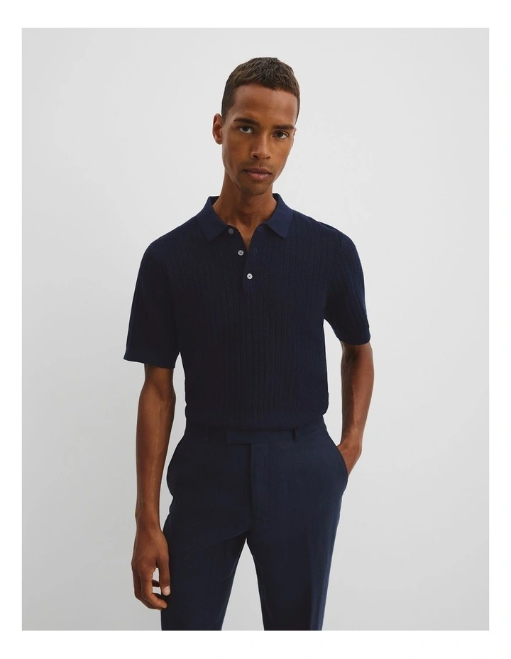 Australian Cotton Herringbone Knit Polo in Navy image 1