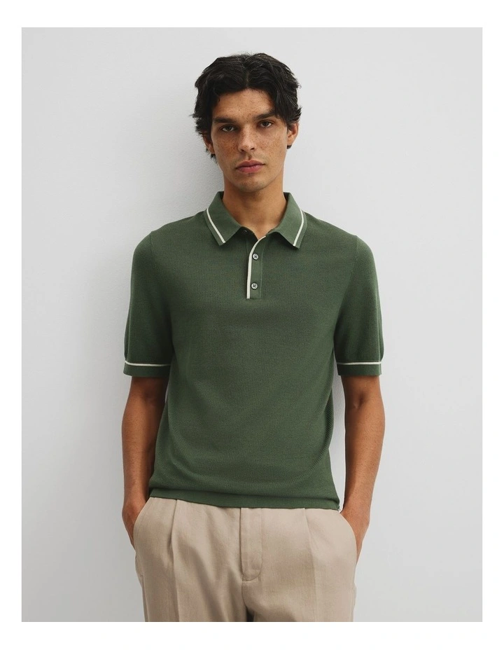 Australian Cotton Blend Silk Tipped Knit Polo in Thyme image 1