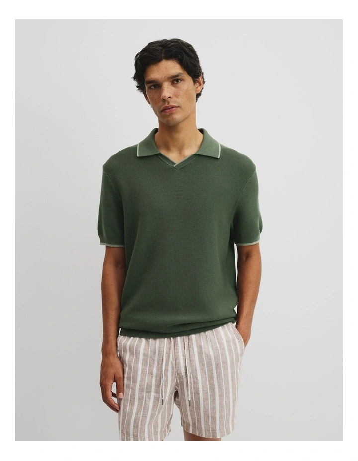 Australian Cotton V-neck Knit Polo in Thyme image 1