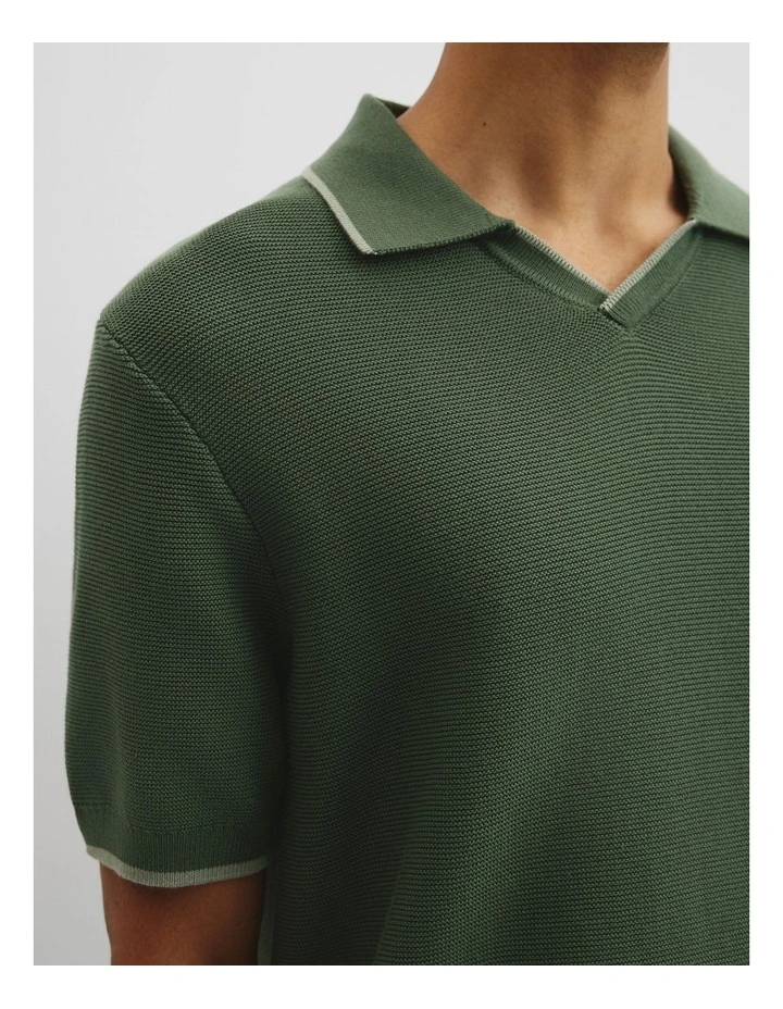 Australian Cotton V-neck Knit Polo in Thyme image 3
