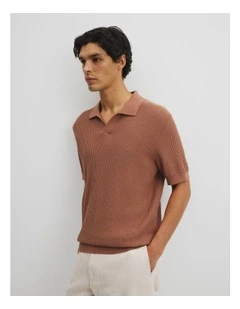 Short Sleeve Cotton Linen Knit Polo in Copper