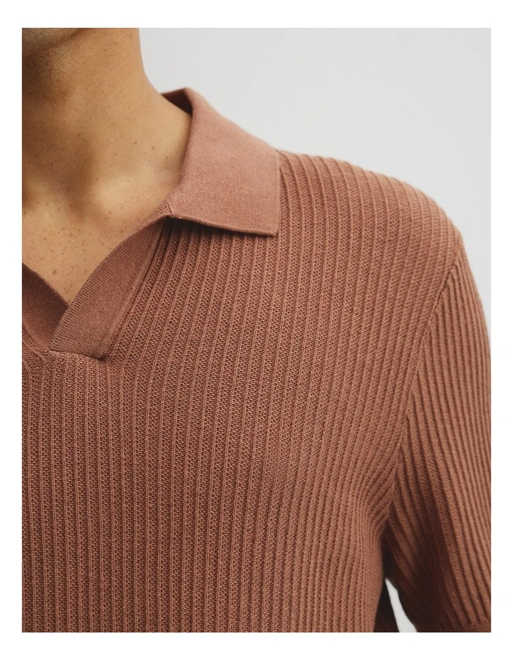 Short Sleeve Cotton Linen Knit Polo in Copper image 2