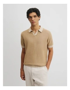 Linen Cotton Honeycomb Knit Polo in Sand