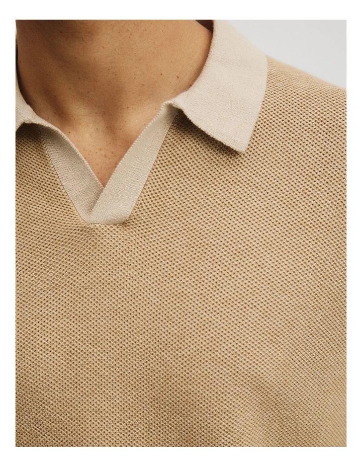 Linen Cotton Honeycomb Knit Polo in Sand image 3