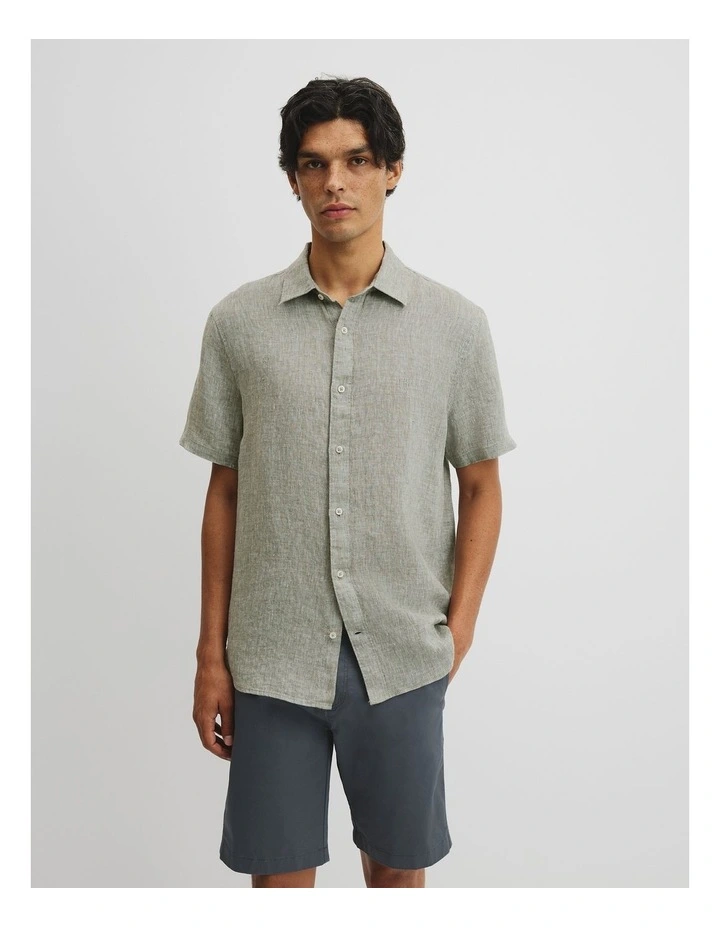 Organically Grown Linen Regular Fit Short Sleeve Shirt in Moss image 1