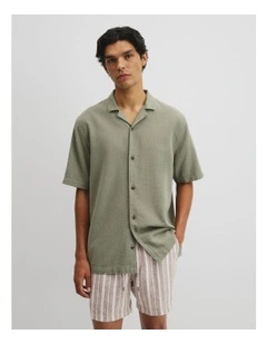 Short Sleeve Cotton Linen Basket Weave Shirt in Moss
