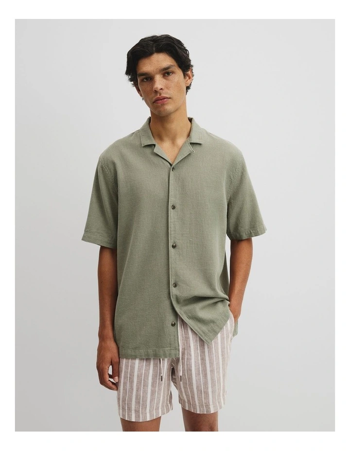 Short Sleeve Cotton Linen Basket Weave Shirt in Moss image 1