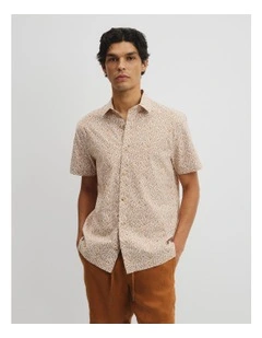 Short Sleeve Cotton Leaf Print Shirt in Copper