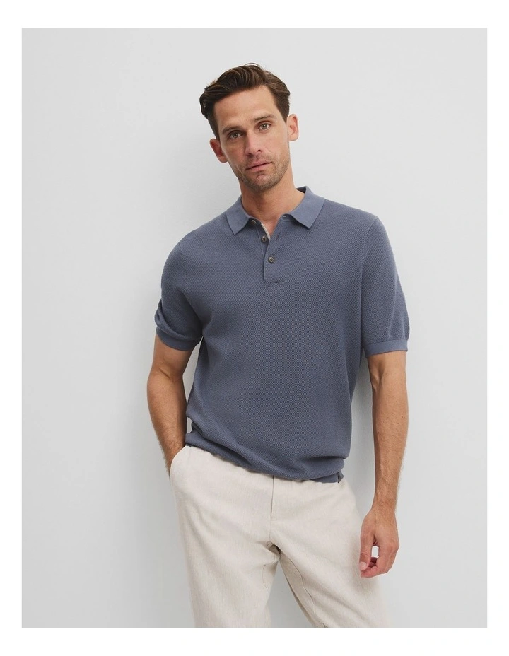 Short Sleeve Good Earth Cotton Pique Knit Polo in Storm Blue image 1
