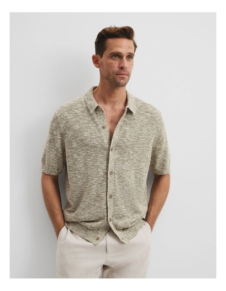 Linen Cotton Slub Knit Shirt in Kelp Green image 1