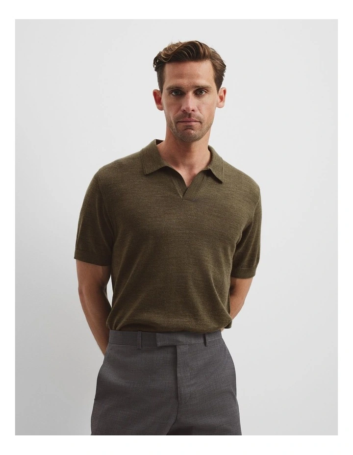 Short Sleeve Australian Merino Trophy Knit Polo in Kelp Melange image 2