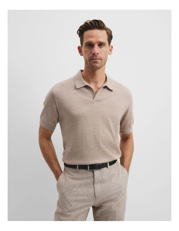 Short Sleeve Australian Merino Trophy Knit Polo in Walnut Melange image 1