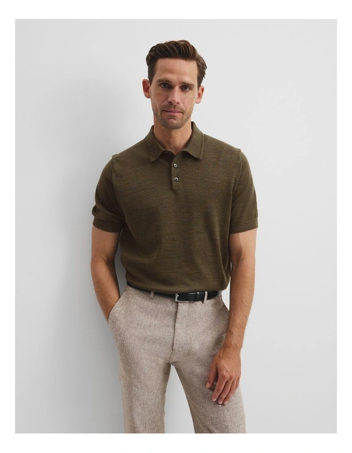 Short Sleeve Australian Merino Button Knit Polo in Kelp Melange image 1