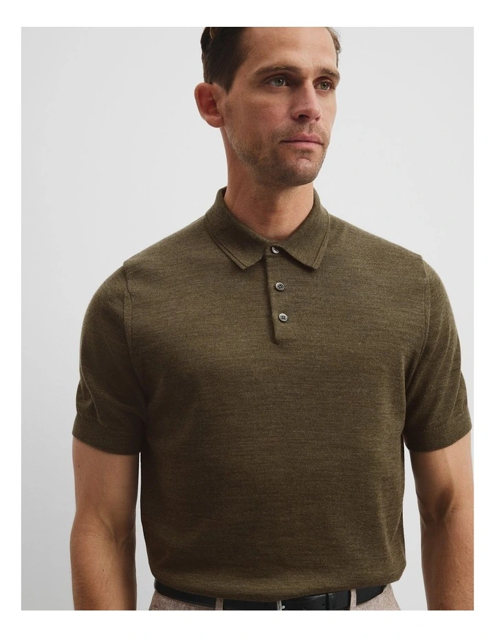 Short Sleeve Australian Merino Button Knit Polo in Kelp Melange image 2