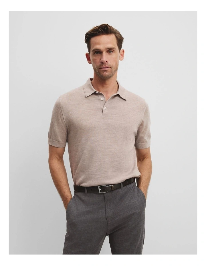 Short Sleeve Australian Merino Button Knit Polo in Walnut Melange image 1