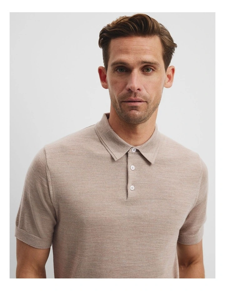 Short Sleeve Australian Merino Button Knit Polo in Walnut Melange image 2