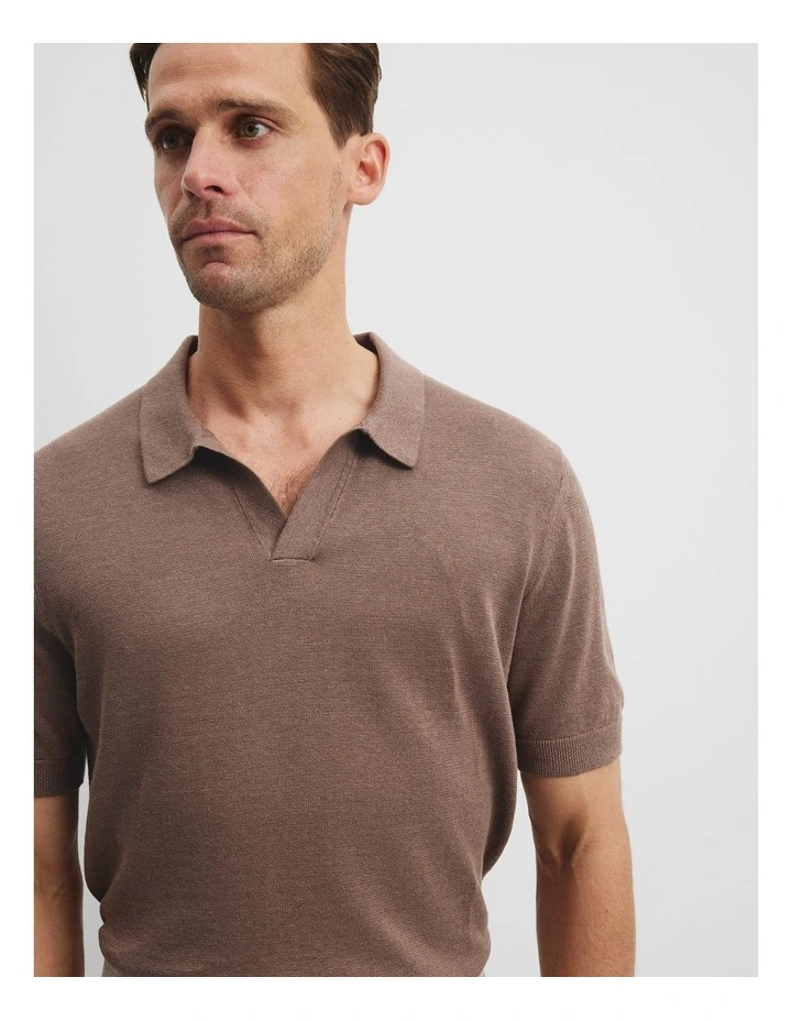 Linen Cotton Knit Trophy Polo in Cocoa image 2
