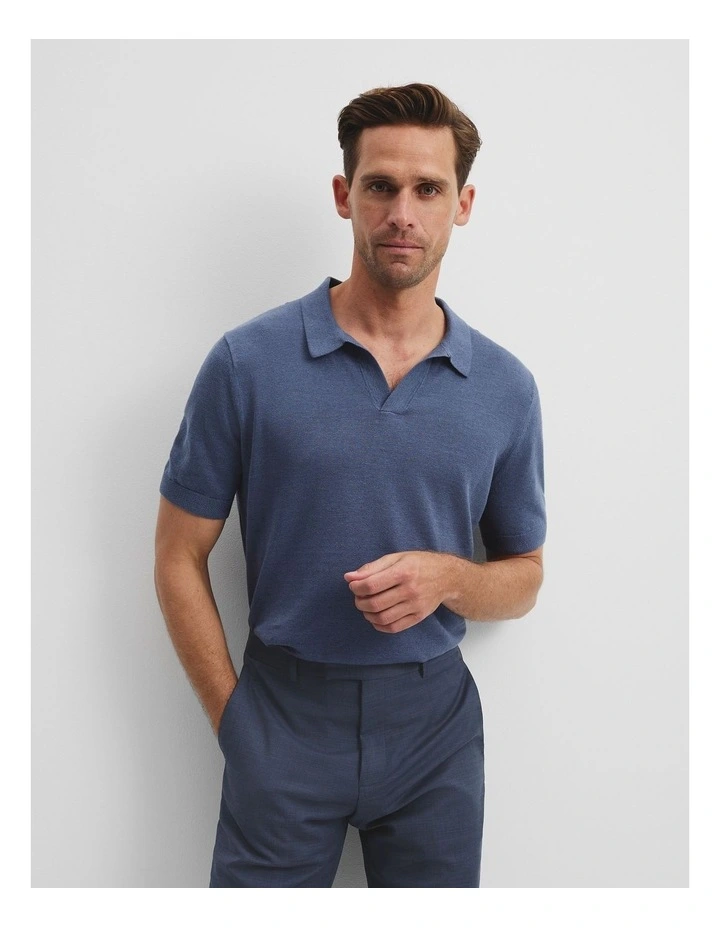 Linen Cotton Knit Trophy Polo in Storm Blue image 1