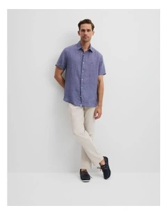Regular Fit Organically Grown Delave Linen Short Sleeve Shirt in Storm Blue