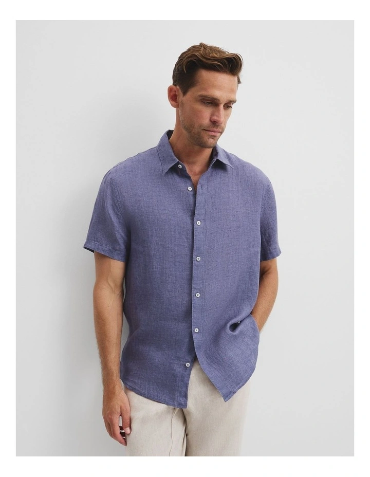Regular Fit Organically Grown Delave Linen Short Sleeve Shirt in Storm Blue image 2