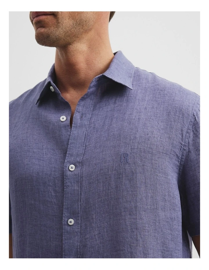 Regular Fit Organically Grown Delave Linen Short Sleeve Shirt in Storm Blue image 3