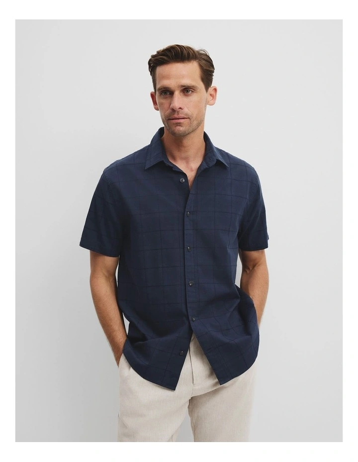 Short Sleeve Regular Fit Cotton Woven Check Shirt in Navy image 1