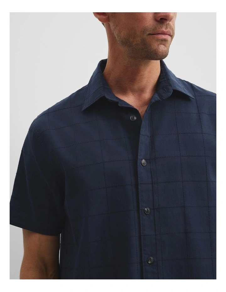 Short Sleeve Regular Fit Cotton Woven Check Shirt in Navy image 3