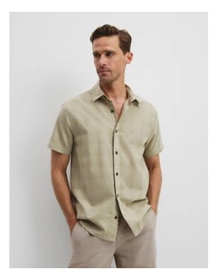 Short Sleeve Regular Fit Cotton Woven Check Shirt in Soft Grass